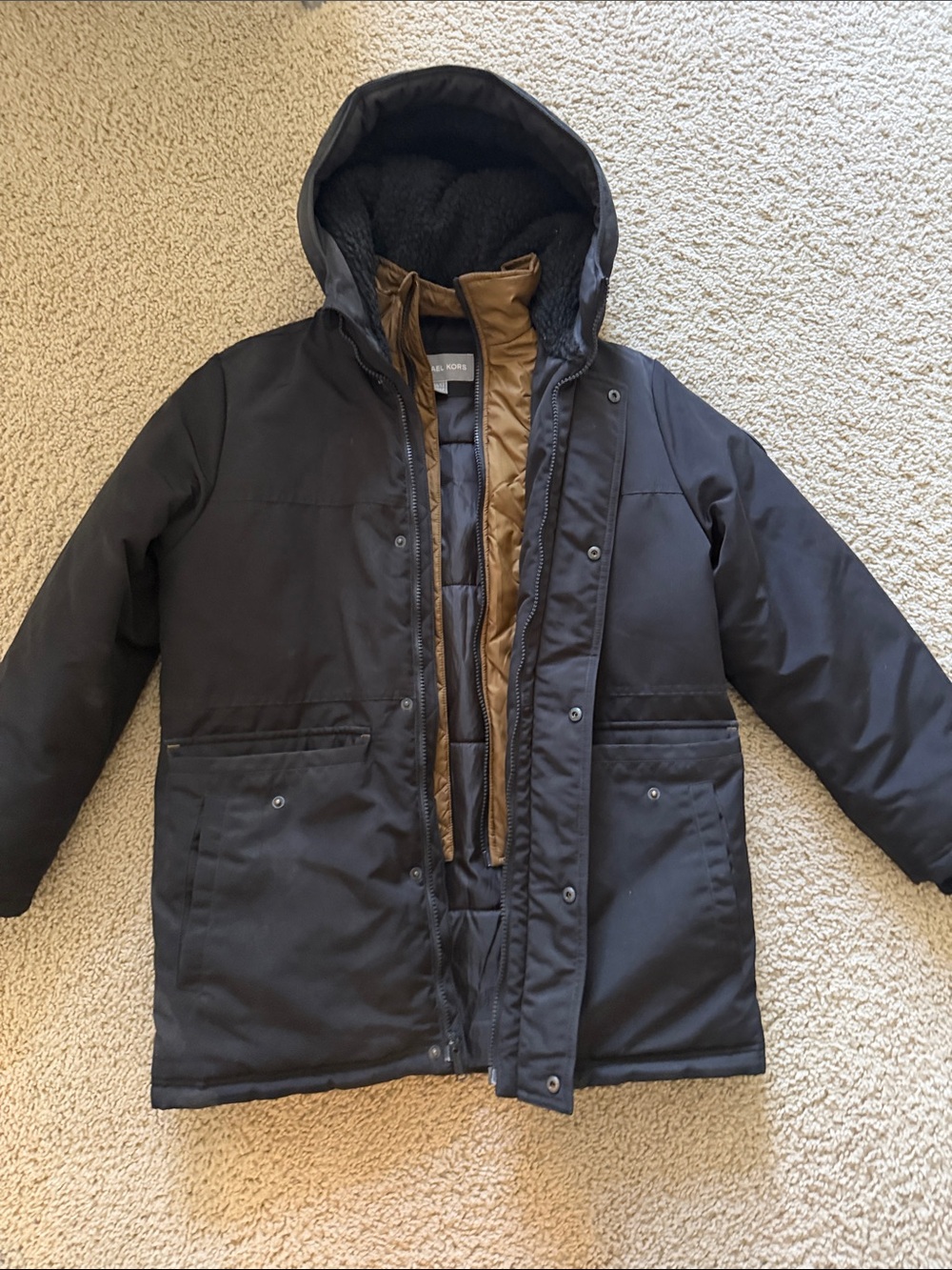 Michael Kors Black Hooded Puffer Jacket with Brown Liner